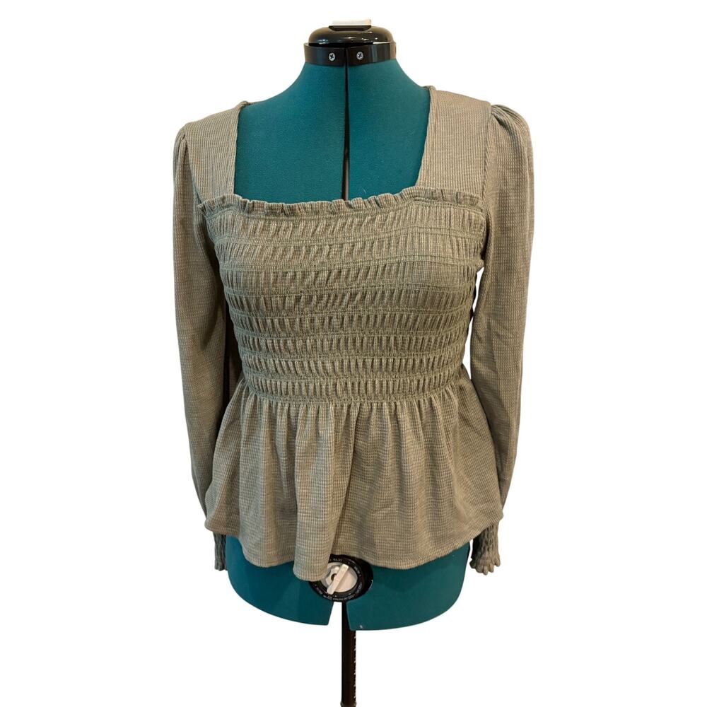 Altar’d State Sage Green Smocked Julie Top NWT Size Medium Waffle Knit